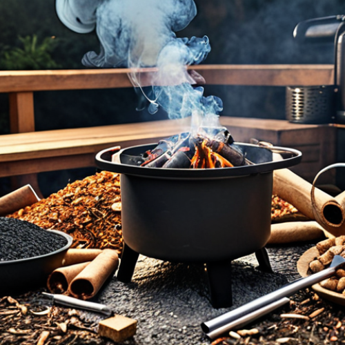 Home 15 Various smokers (charcoal, pellet, electric, gas) in an outdoor setting with smoke billowing out, showcasing different wood chips and smoking tools. The scene is filled with a warm, inviting glow, highlighting the art of designing smoked flavors.