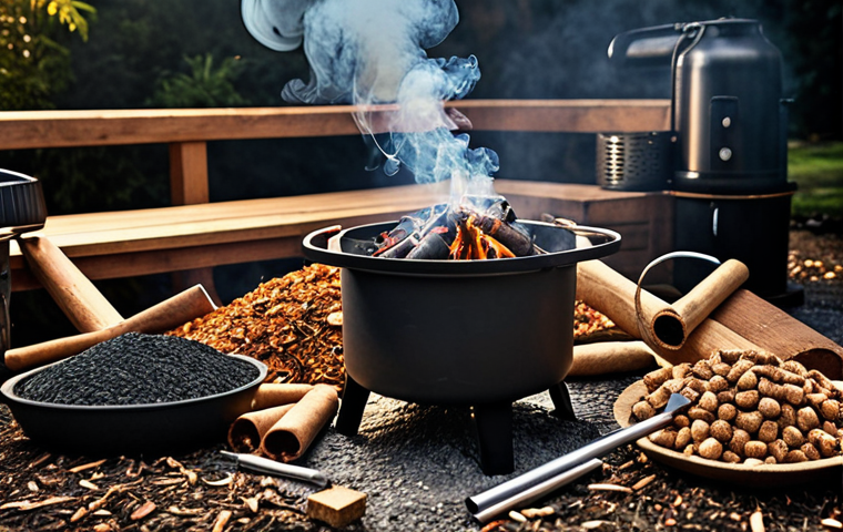 Various smokers (charcoal, pellet, electric, gas) in an outdoor setting with smoke billowing out, showcasing different wood chips and smoking tools. The scene is filled with a warm, inviting glow, highlighting the art of designing smoked flavors.
