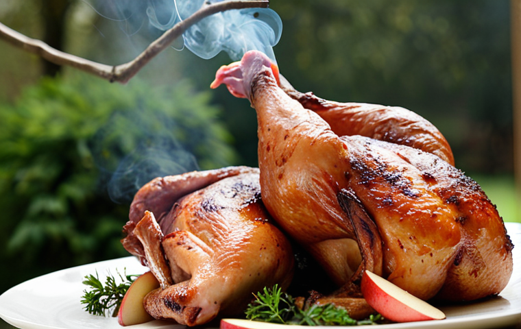 **
A close-up shot of smoked chicken breasts with applewood smoke. The chicken should have a slightly reddish hue and a juicy, tender texture. Apple tree branches should be subtly visible in the background, hinting at the smoking process. Focus on capturing the appetizing and delicate nature of the dish.
**