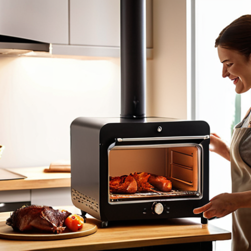 Home 7 A warm, inviting scene in a modern kitchen, showcasing the joy of home gourmet cooking. A happy person (or a couple) stands proudly next to a sleek, compact counter-top home smoker, presenting a perfectly cooked, golden-brown smoked pork belly or chicken on a cutting board. The smoker is a contemporary, oven-style model, subtly emitting a fragrant wisp of smoke. The kitchen is tidy and well-lit, with natural light coming through a window. The overall atmosphere conveys comfort, satisfaction, and the delicious aroma of freshly smoked food, highlighting the ease and pleasure of homemade smoked dishes.