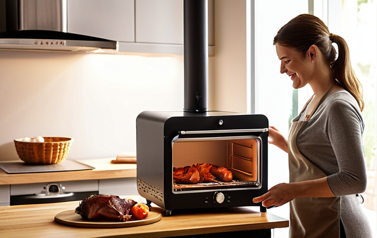 A warm, inviting scene in a modern kitchen, showcasing the joy of home gourmet cooking. A happy person (or a couple) stands proudly next to a sleek, compact counter-top home smoker, presenting a perfectly cooked, golden-brown smoked pork belly or chicken on a cutting board. The smoker is a contemporary, oven-style model, subtly emitting a fragrant wisp of smoke. The kitchen is tidy and well-lit, with natural light coming through a window. The overall atmosphere conveys comfort, satisfaction, and the delicious aroma of freshly smoked food, highlighting the ease and pleasure of homemade smoked dishes.